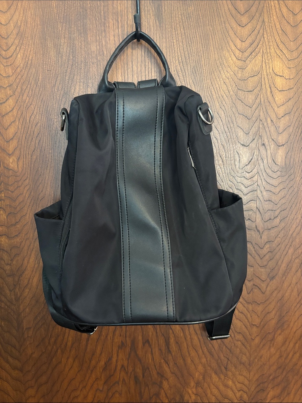 Women's Black Nylon Backpack with Leather-Trim Finish